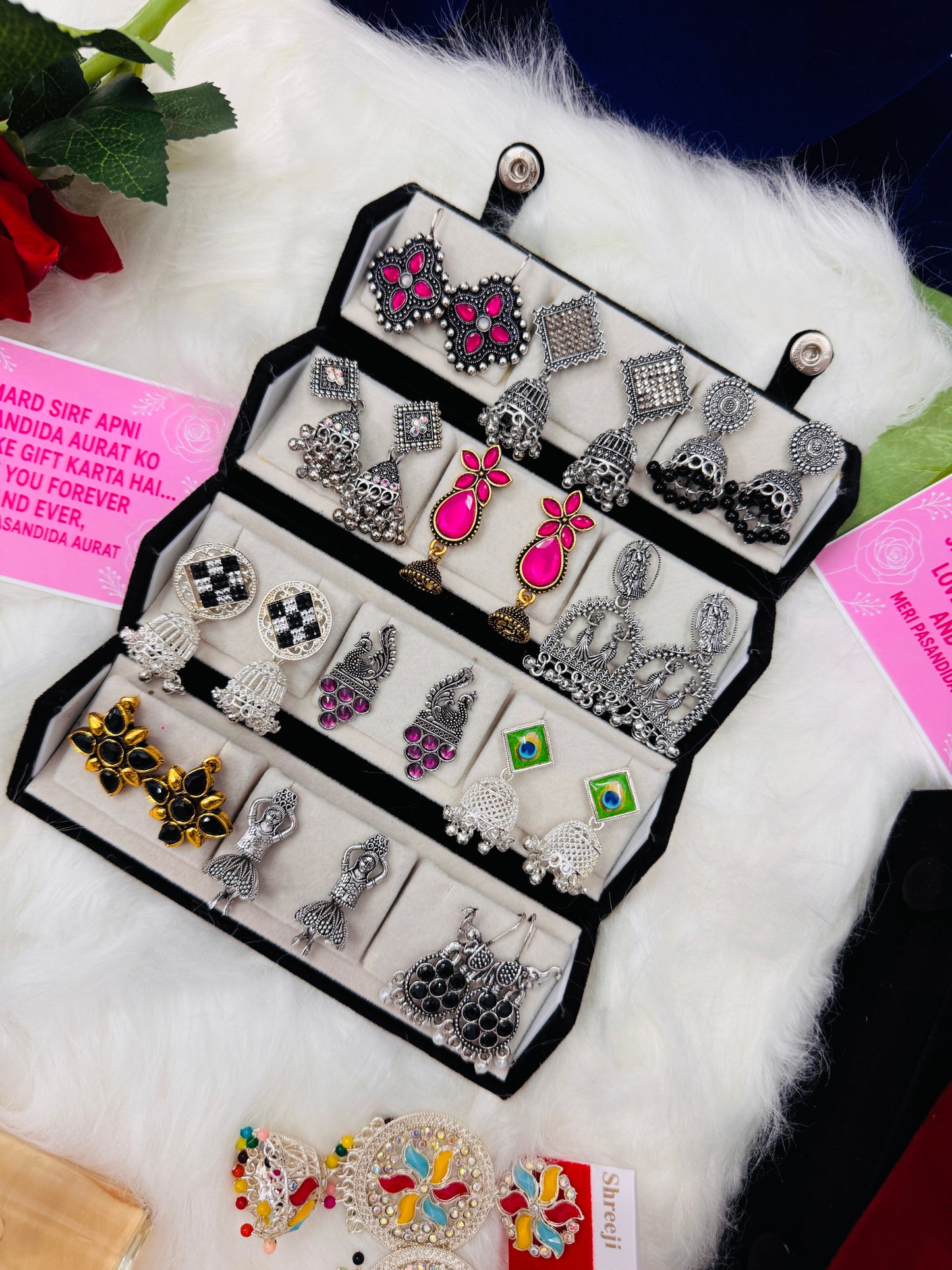 Set Of 15 beutifull Oxidized Designer Stud Earrings With Folding Jewelry Box