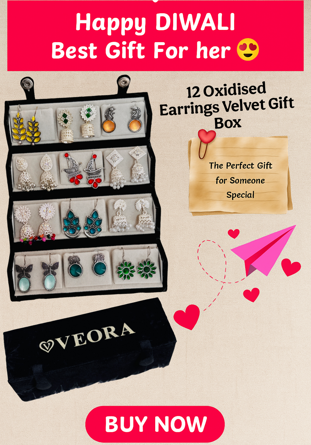 Set Of 12 Oxidized Designer Stud Earrings With Folding Jewelry Box