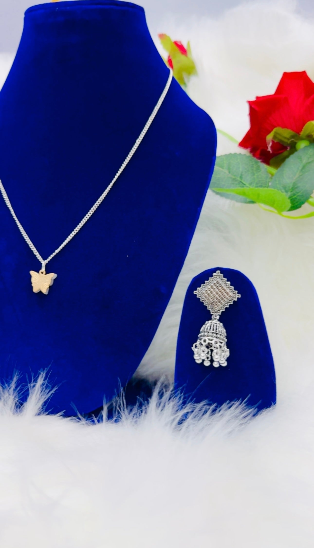 2 Neckless Set With Red Rose And gorgeous Oxidised Earrings