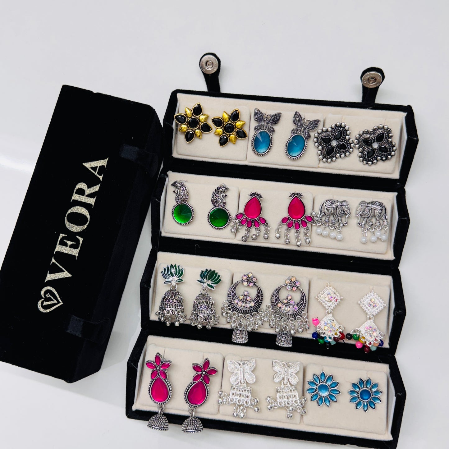 12 Pair Box With 12 Earrings (viral Oxidised Stud Box ) ￼
