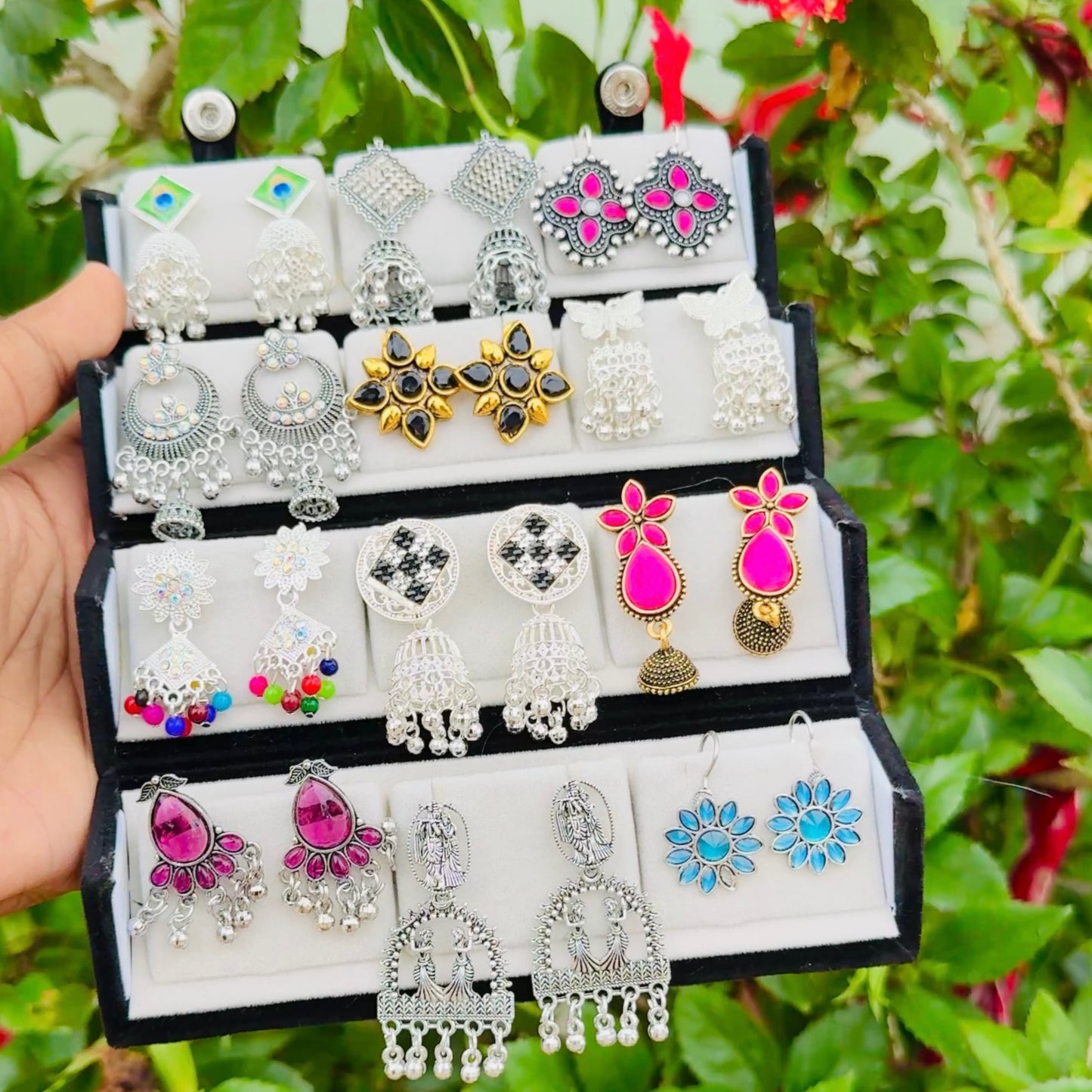 12 Pair Box With 12 Earrings (viral Oxidised Stud Box ) ￼
