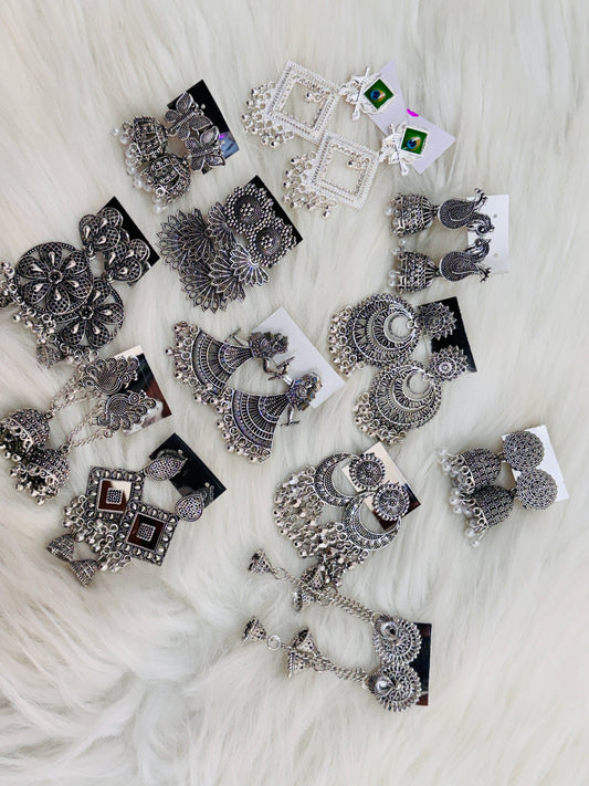 Set Of 12 Big oxidised Earrings With Love Notes