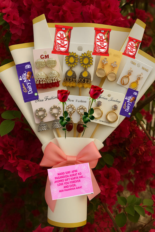 ROSE +1 Set Of Neckles + RINGS + 5 EARRINGS + 5 CHOCLATE + NOTES Special customise box ￼