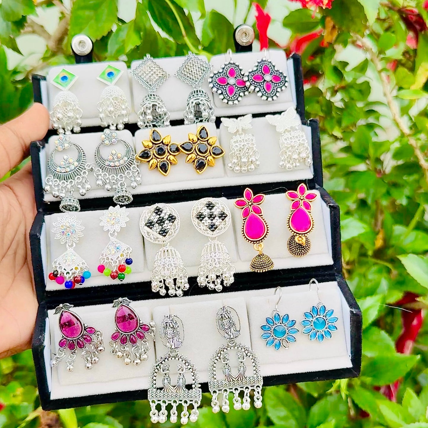 12 Pair Box With 12 Earrings (viral Oxidised Stud Box ) ￼