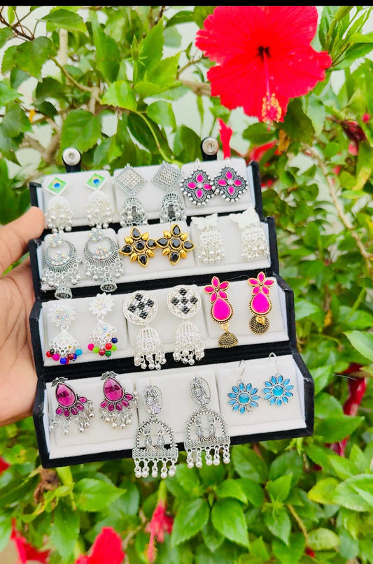 Set Of 15 beutifull  Oxidized Designer Stud Earrings With Folding Jewelry Box