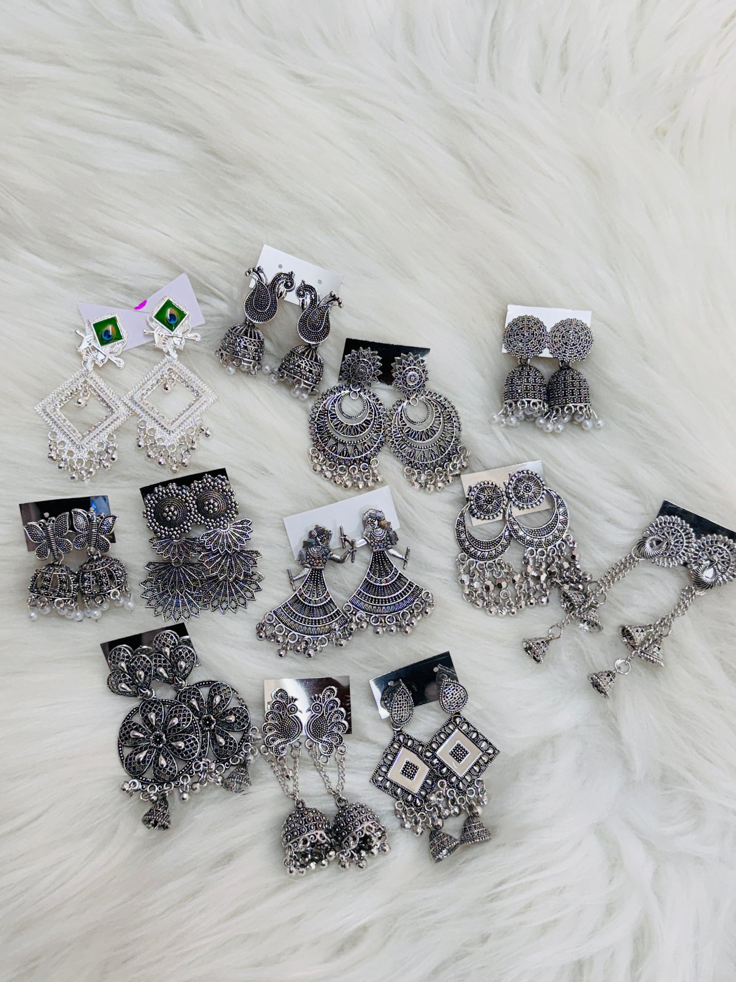 Set Of 12 Big oxidised Earrings With Love Notes