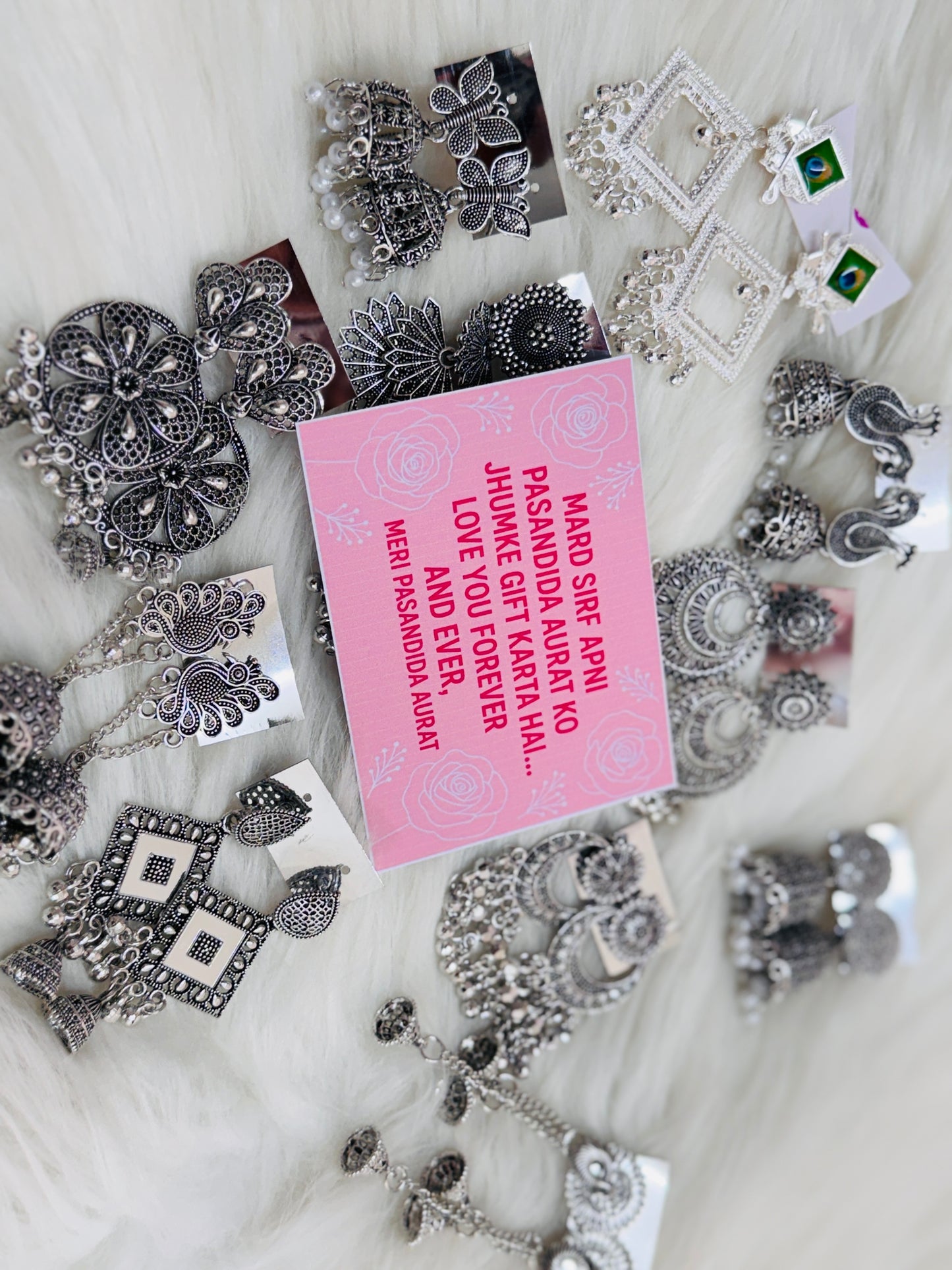 Set Of 12 Big oxidised Earrings With Love Notes