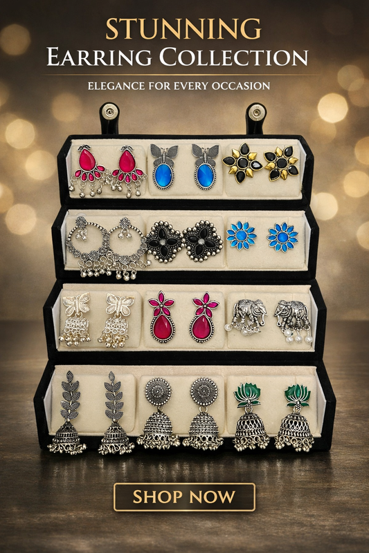 12 Oxidized Earrings  With Designer Stud Folding Jewelry wala Box With Love Notes