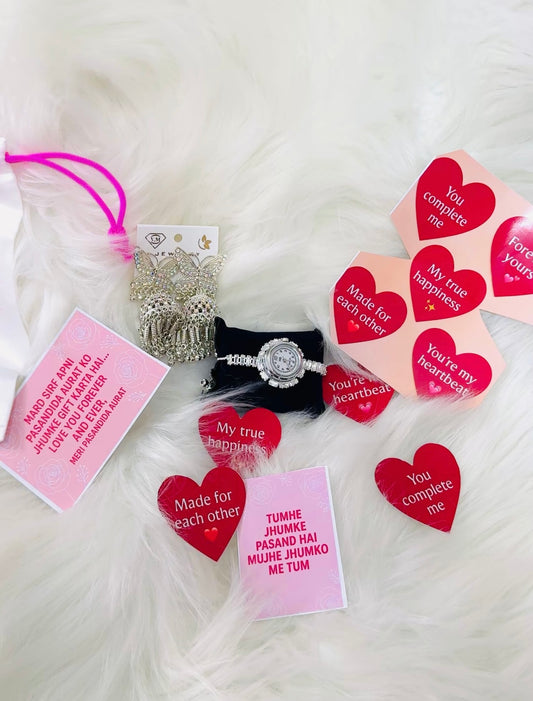 Premium Shine Watch , 1 Set Big Jhumka And Love Notes With Love Pauch