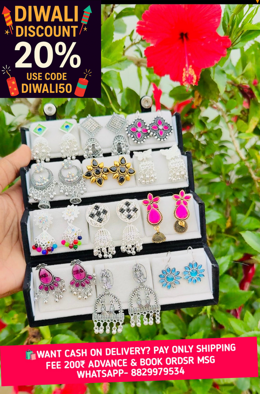 Set Of 12 Oxidized Designer Stud Earrings With Folding Jewelry Box